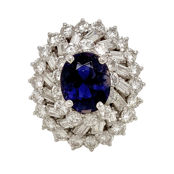 Platinum Oval Iolite and Baguette Diamond Halo Ring - E.B. Horn ...
